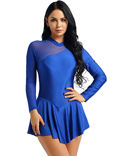 CHICTRY Eiskunstlauf Kleid Damen Glitzer Strass Langarm Ballettkleid Mesh Patchwork Trikot Turnanzug Mit Asymmetrisch Rock Tanzkleid Wettbewerb Kostüm Royal Blau M von CHICTRY