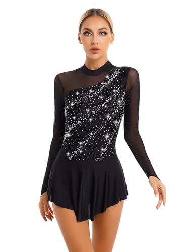 CHICTRY Eiskunstlauf Kleider Damen Langarm Strass Glitzer Rollschuhkleid Mesh Spleiß Ballettkleid Cut Out Gymnastikbody Mit Wickelrock Dancewear Schwarz L von CHICTRY