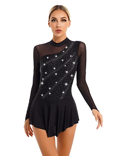 CHICTRY Eiskunstlauf Kleid Damen Glitzer Strass Langarm Ballettkleid Mesh Patchwork Trikot Turnanzug Mit Asymmetrisch Rock Tanzkleid Wettbewerb Kostüm Schwarz H M von CHICTRY