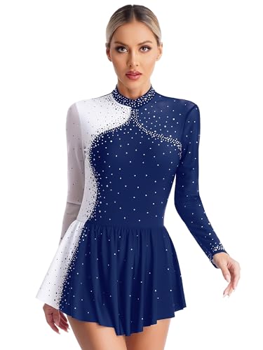 CHICTRY Eiskunstlauf Kleid Damen Glitzer Strass Ballettanzug Langarm Stehkragen Patchwork Trikot Body Mit Asymetrisch Rock Ballettrock Tanzkostüm A_Navy blau L von CHICTRY