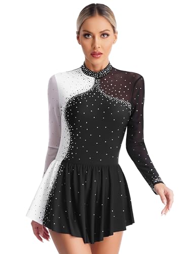 CHICTRY Eiskunstlauf Kleid Damen Langarm Strass Glitzer Ballettkleid Stehkragen Tanzbody Farbblock Patchwork Trikot Mit Wickelrock Dancewear Schwarz M von CHICTRY
