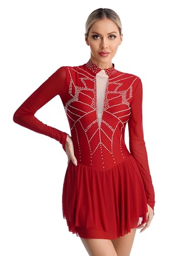 CHICTRY Damen Langarm Eiskunstlauf Kleid Strass Glitzer Ballettkleid Mesh Patchwork Trikot Stehkragen Leotard Mit Asymmetrisch Rock Wettbewerb Kostüm Burgundy M von CHICTRY
