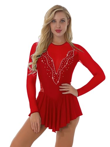 CHICTRY Eiskunstlauf Kleid Damen Glitzer Strass Langarm Ballettkleid Mesh Patchwork Trikot Turnanzug Mit Asymmetrisch Rock Tanzkleid Wettbewerb Kostüm Rot E M von CHICTRY