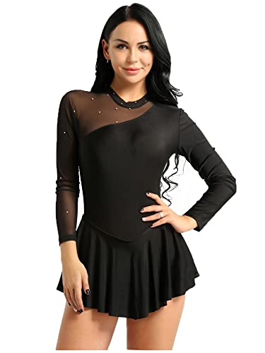 CHICTRY Eiskunstlauf Kleid Damen Glitzer Strass Langarm Ballettkleid Mesh Patchwork Trikot Turnanzug Mit Asymmetrisch Rock Tanzkleid Wettbewerb Kostüm Schwarz B M von CHICTRY