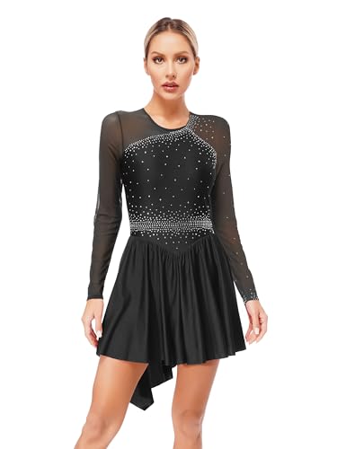 CHICTRY Eiskunstlauf Kleid Damen Glitzer Strass Langarm Ballettkleid Mesh Patchwork Trikot Turnanzug Mit Asymmetrisch Rock Tanzkleid Wettbewerb Kostüm Schwarz M XXL von CHICTRY