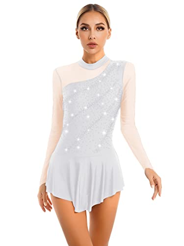 CHICTRY Eiskunstlauf Kleid Damen Glitzer Strass Langarm Ballettkleid Mesh Patchwork Trikot Turnanzug Mit Asymmetrisch Rock Tanzkleid Wettbewerb Kostüm Weiß H L von CHICTRY