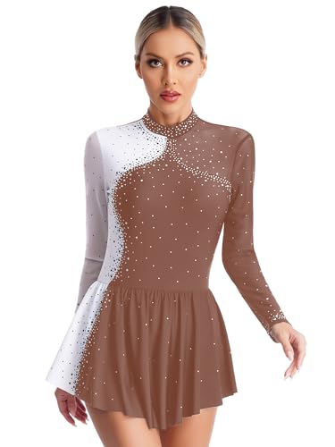 CHICTRY Eiskunstlauf Kleid Damen Langarm Strass Glitzer Ballettkleid Stehkragen Tanzbody Farbblock Patchwork Trikot Mit Wickelrock Dancewear Braun M von CHICTRY