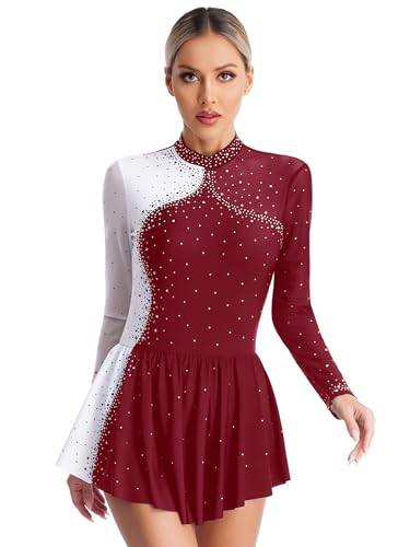 CHICTRY Eiskunstlauf Kleid Damen Langarm Strass Glitzer Ballettkleid Stehkragen Tanzbody Farbblock Patchwork Trikot Mit Wickelrock Dancewear Burgundy M von CHICTRY