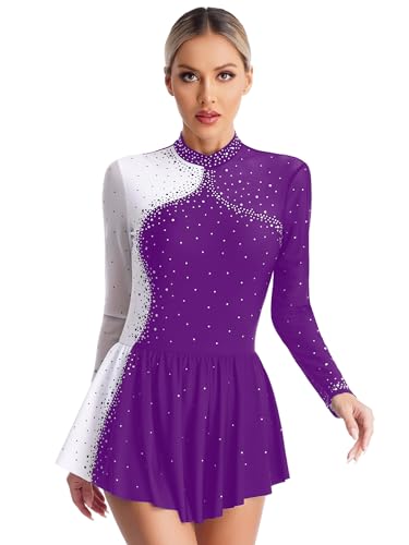 CHICTRY Eiskunstlauf Kleid Damen Langarm Strass Glitzer Ballettkleid Stehkragen Tanzbody Farbblock Patchwork Trikot Mit Wickelrock Dancewear Violett XL von CHICTRY