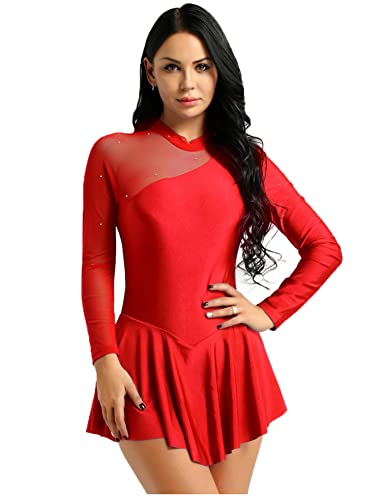 CHICTRY Eiskunstlauf Kleid Damen Langarm Strass Glitzer Tanzkleid Mit Cut Out Mesh Patchwork Body Rolkragen Trikot Asymetrisch Wickelrock Tanzkostüm Rot M von CHICTRY