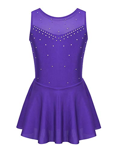 CHICTRY Eiskunstlauf Kleid Mädchen Glitzer Kinder Strassstein Rollschuhkleid Ärmellos Ballettanzug Mit Chiffon Wickelrock Tanzkostüm Lila 146-152 von CHICTRY