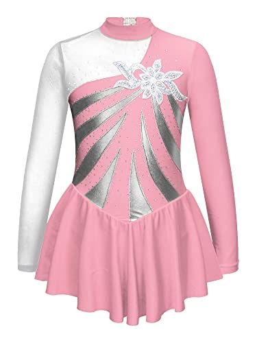 CHICTRY Eiskunstlauf Kleid Mädchen Langarm Patchwork Ballettkleid Glitzer Ballett Trikot Leotard Mit Wickelrock Ballettrock Wettbewerb Kostüm Bekleidung Rosa B 110-116 von CHICTRY