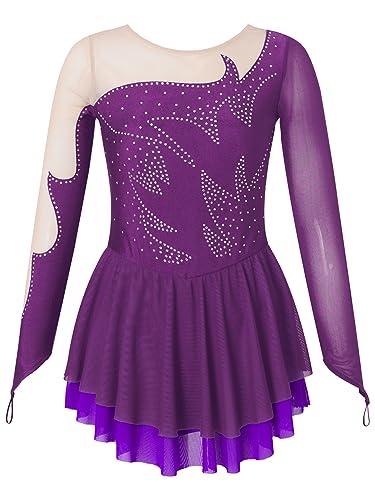 CHICTRY Eiskunstlauf Kleid Mädchen Langarm Patchwork Ballettkleid Glitzer Ballett Trikot Leotard Mit Wickelrock Ballettrock Wettbewerb Kostüm Bekleidung D Violett 134-140 von CHICTRY