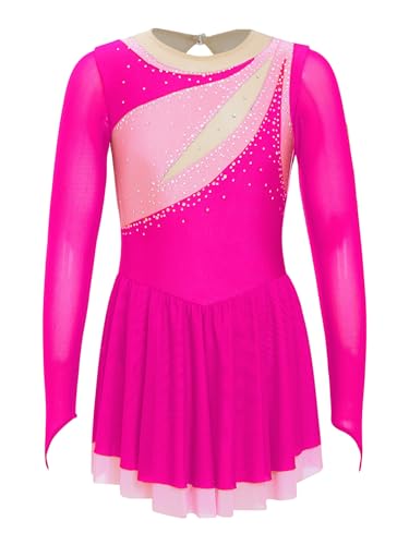 CHICTRY Eiskunstlauf Kleid Mädchen Langarm Patchwork Ballettkleid Glitzer Ballett Trikot Leotard Mit Wickelrock Ballettrock Wettbewerb Kostüm Bekleidung H Hot Pink 134-140 von CHICTRY