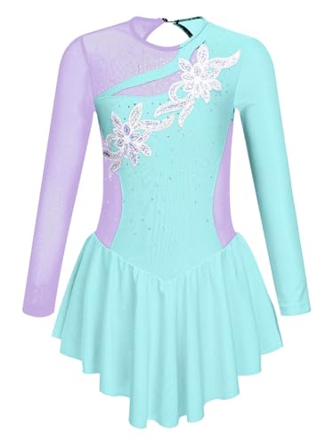 CHICTRY Eiskunstlauf Kleid Mädchen Langarm Rollschuhkleid Strass Glitzer Tanzbody Farbblock Patchwork Leotard Mit Wickelrock Dancewear Hellblau 110-116 von CHICTRY