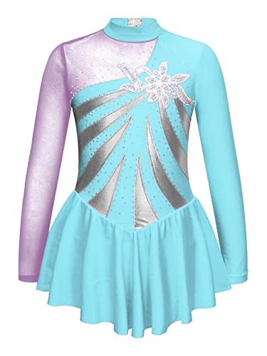 CHICTRY Eiskunstlauf Kleid Mädchen Langarm Patchwork Ballettkleid Glitzer Ballett Trikot Leotard Mit Wickelrock Ballettrock Wettbewerb Kostüm Bekleidung Himmelblau B 122-128 von CHICTRY