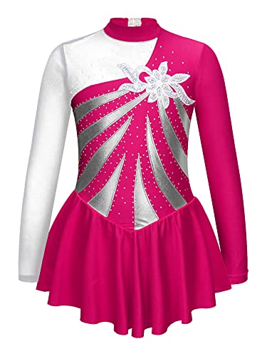 CHICTRY Eiskunstlauf Kleid Mädchen Langarm Patchwork Ballettkleid Glitzer Ballett Trikot Leotard Mit Wickelrock Ballettrock Wettbewerb Kostüm Bekleidung Hot Pink B 122-128 von CHICTRY