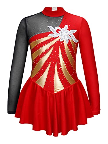 CHICTRY Eiskunstlauf Kleid Mädchen Langarm Patchwork Ballettkleid Glitzer Ballett Trikot Leotard Mit Wickelrock Ballettrock Wettbewerb Kostüm Bekleidung Rot B 110-116 von CHICTRY