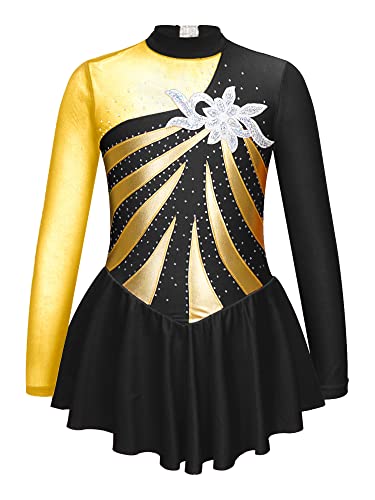 CHICTRY Eiskunstlauf Kleid Mädchen Langarm Patchwork Ballettkleid Glitzer Ballett Trikot Leotard Mit Wickelrock Ballettrock Wettbewerb Kostüm Bekleidung Schwarz B 122-128 von CHICTRY