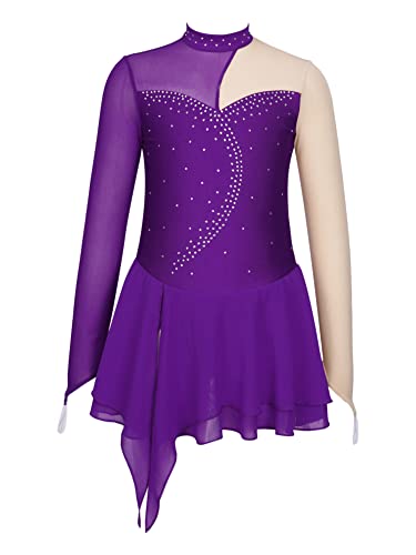 CHICTRY Eiskunstlauf Kleid Mädchen Langarm Patchwork Ballettkleid Glitzer Ballett Trikot Leotard Mit Wickelrock Ballettrock Wettbewerb Kostüm Bekleidung Violett 146-152 von CHICTRY