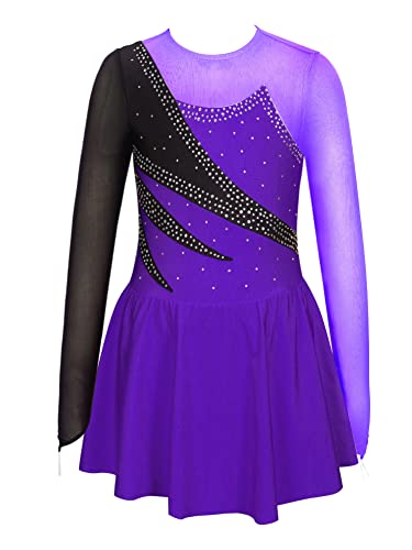 CHICTRY Eiskunstlauf Kleid Mädchen Langarm Patchwork Ballettkleid Glitzer Ballett Trikot Leotard Mit Wickelrock Ballettrock Wettbewerb Kostüm Bekleidung Violett A 122-128 von CHICTRY