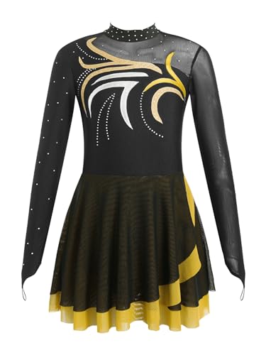 CHICTRY Eiskunstlauf Kleid Mädchen Langarm Strass Glitzer Tanzkleid Stehkragen Body Patchwork Tanztrikot Mit Asymetrisch Wickelrock Tanzkostüm Gelb 122-128 von CHICTRY