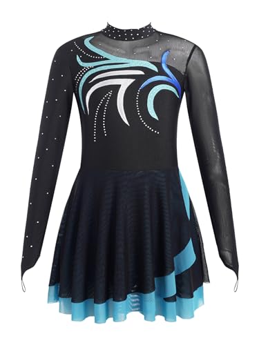 CHICTRY Eiskunstlauf Kleid Mädchen Langarm Strass Glitzer Tanzkleid Stehkragen Body Patchwork Tanztrikot Mit Asymetrisch Wickelrock Tanzkostüm Himmelblau 158-164 von CHICTRY