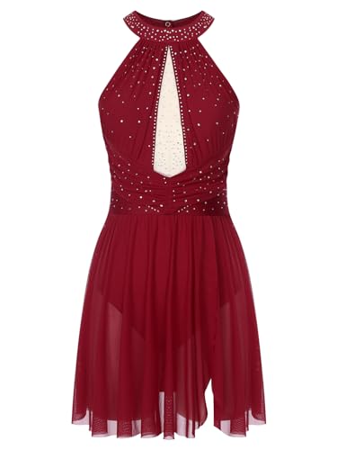 CHICTRY Eislaufkleid Damen Ärmellos Strass Glitzer Rollschuhkleid Neckholder Ballett Body Cut Out Tanztrikot Mit Chiffon Rock Dancewear Burgundy S von CHICTRY