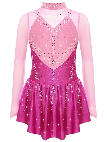 CHICTRY Eislaufkleid Kinder Mädchen Langarm Tanzkleid Glitzersteine Rollkunstlauf Kleid Stehkragen Ballettanzug Turnanzug Mit Wickelrock Dancewear Hot Pink 146-152 von CHICTRY