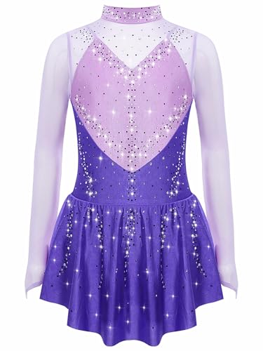 CHICTRY Eislaufkleid Kinder Mädchen Langarm Tanzkleid Glitzersteine Rollkunstlauf Kleid Stehkragen Ballettanzug Turnanzug Mit Wickelrock Dancewear Violett 134-140 von CHICTRY