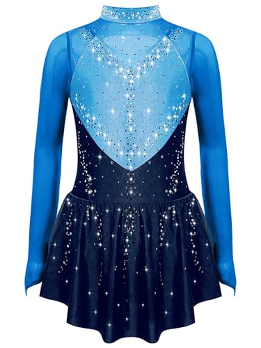 CHICTRY Eislaufkleid Kinder Mädchen Langarm Tanzkleid Glitzersteine Rollkunstlauf Kleid Stehkragen Ballettanzug Turnanzug Mit Wickelrock Dancewear Blau 122-128 von CHICTRY