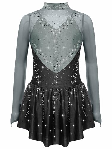 CHICTRY Eislaufkleid Kinder Mädchen Langarm Tanzkleid Glitzersteine Rollkunstlauf Kleid Stehkragen Ballettanzug Turnanzug Mit Wickelrock Dancewear Grauschwarz 146-152 von CHICTRY