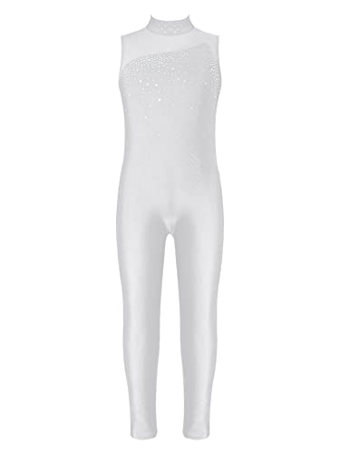CHICTRY Ganzkörper Turnanzug Mädchen Kinder Ballettanzug Mit Glitzer Strass Ärmellos turnen Ganzkörperanzug Patchwork Body Cut Out Trikot Tanzkostüm Weiß 140-152 von CHICTRY