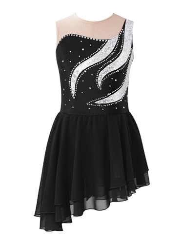 CHICTRY Glitzer Eislaufkleid Mädchen Strass Tanzkleid Lyrisch Ärmellos Body Patchwork Trikot Mit Asymetrisch Chiffon Rock Tanzkostüm Schwarz 134-140 von CHICTRY