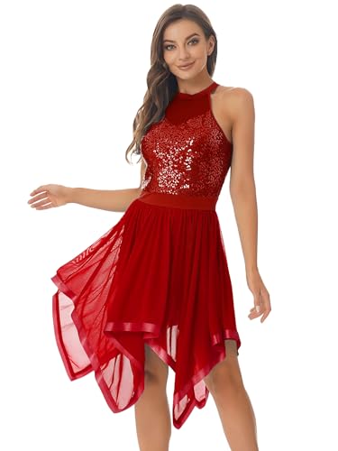 CHICTRY Glitzer Pailletten Ballettkleid Damen ärmellos Latein Tanzkleid Standard Cut Out Ballett Body Mit Unregelmäßig Rock Ballerina Kleid Partykleid Festlich A_Burgundy L von CHICTRY