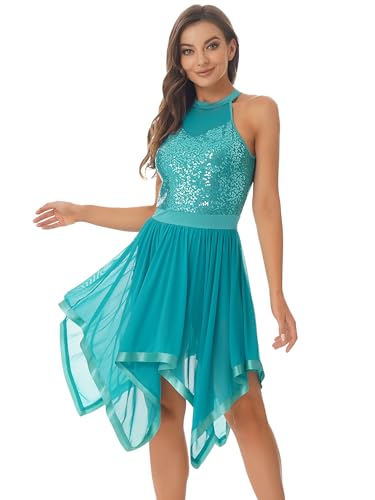 CHICTRY Glitzer Pailletten Ballettkleid Damen ärmellos Latein Tanzkleid Standard Cut Out Ballett Body Mit Unregelmäßig Rock Ballerina Kleid Partykleid Festlich A_Grün L von CHICTRY