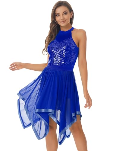 CHICTRY Glitzer Pailletten Ballettkleid Damen ärmellos Latein Tanzkleid Standard Cut Out Ballett Body Mit Unregelmäßig Rock Ballerina Kleid Partykleid Festlich A_Royal Blau XL von CHICTRY