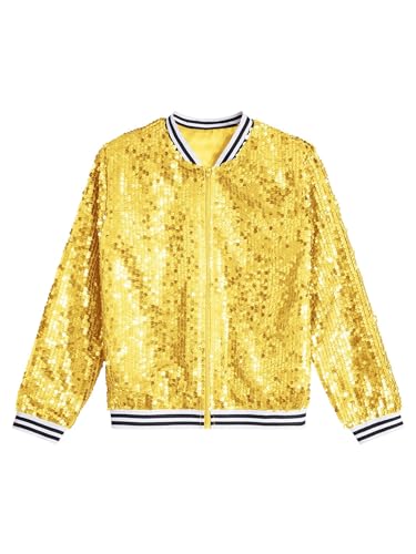 CHICTRY Glitzer Pailletten Jacke Kinder Mädchen Streifen Patchwork Baseball Jacke Sportjacke Langarm Bomberjacke Mit Reißverschluss Party Disco Kostüm Gold 158-164 von CHICTRY