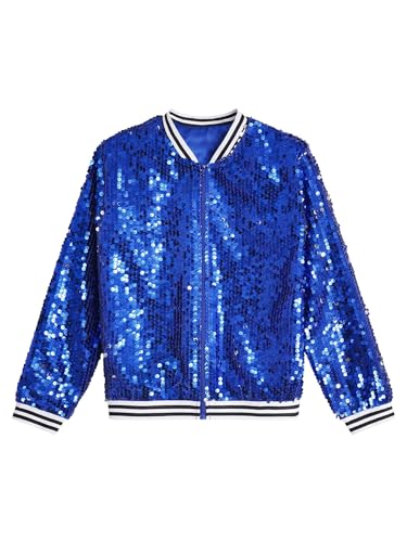 CHICTRY Glitzer Pailletten Jacke Kinder Mädchen Streifen Patchwork Baseball Jacke Sportjacke Langarm Bomberjacke Mit Reißverschluss Party Disco Kostüm Königsblau 122-128 von CHICTRY