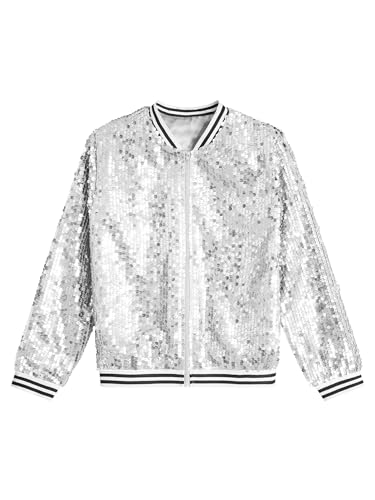 CHICTRY Glitzer Pailletten Jacke Kinder Mädchen Streifen Patchwork Baseball Jacke Sportjacke Langarm Bomberjacke Mit Reißverschluss Party Disco Kostüm Silber 146-152 von CHICTRY