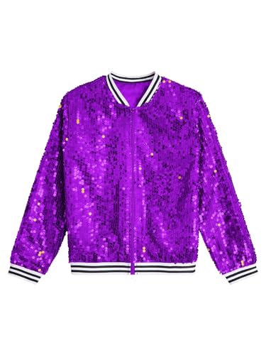 CHICTRY Glitzer Pailletten Jacke Kinder Mädchen Streifen Patchwork Baseball Jacke Sportjacke Langarm Bomberjacke Mit Reißverschluss Party Disco Kostüm Violett 170 von CHICTRY