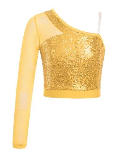 CHICTRY Glitzer Shirt Mädchen Pailletten Oberteil Mit EIN Ärmel Mesh Patchwork Tanz Top T-Shirt Bauchfrei Unterhemd Party Bühnenauftritt Performance Gold 110-116 von CHICTRY