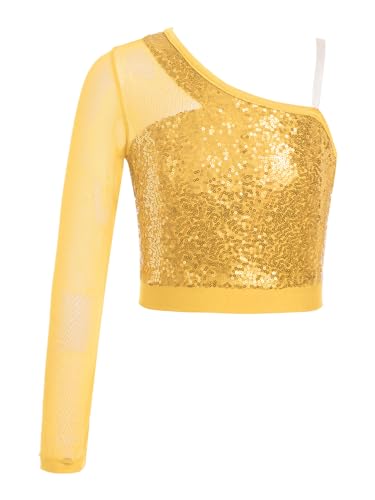 CHICTRY Glitzer Shirt Mädchen Pailletten Oberteil Mit EIN Ärmel Mesh Patchwork Tanz Top T-Shirt Bauchfrei Unterhemd Party Bühnenauftritt Performance Gold 122-128 von CHICTRY