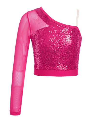 CHICTRY Glitzer Shirt Mädchen Pailletten Oberteil Mit EIN Ärmel Mesh Patchwork Tanz Top T-Shirt Bauchfrei Unterhemd Party Bühnenauftritt Performance Hot Pink 170 von CHICTRY