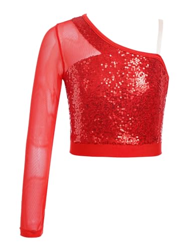 CHICTRY Glitzer Shirt Mädchen Pailletten Oberteil Mit EIN Ärmel Mesh Patchwork Tanz Top T-Shirt Bauchfrei Unterhemd Party Bühnenauftritt Performance Rot 158-164 von CHICTRY