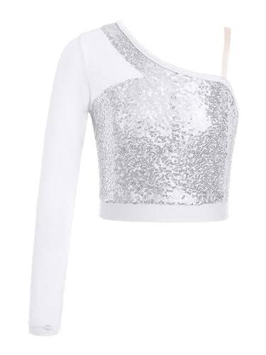 CHICTRY Glitzer Shirt Mädchen Pailletten Oberteil Mit EIN Ärmel Mesh Patchwork Tanz Top T-Shirt Bauchfrei Unterhemd Party Bühnenauftritt Performance Silber 134-140 von CHICTRY