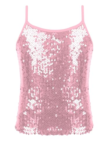 CHICTRY Glitzer Shirt Mädchen Pailletten Tägershirt Kinder Ärmellos Tanz Oberteil Rundhals Shimmer Top Hip Hop Jazz Street Dance Kleidung Performance Rosa 122-128 von CHICTRY