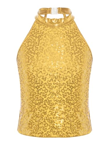 CHICTRY Glitzer Shirt Mädchen Pailletten Tägershirt Kinder Ärmellos Tanz Oberteil Rundhals Shimmer Top Hip Hop Jazz Street Dance Kleidung Performance Z Gold 146-152 von CHICTRY