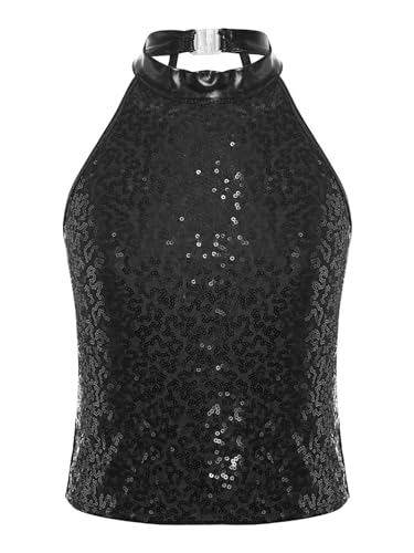 CHICTRY Glitzer Shirt Mädchen Pailletten Tägershirt Kinder Ärmellos Tanz Oberteil Rundhals Shimmer Top Hip Hop Jazz Street Dance Kleidung Performance Z Schwarz 122-128 von CHICTRY