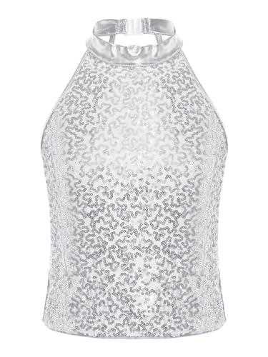 CHICTRY Glitzer Shirt Mädchen Pailletten Tägershirt Kinder Ärmellos Tanz Oberteil Rundhals Shimmer Top Hip Hop Jazz Street Dance Kleidung Performance Z Silber 158-164 von CHICTRY